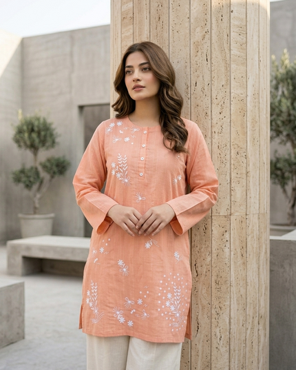 Peach Embroidered Cotton Lawn Short Kurti- Top