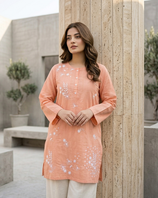 Peach Embroidered Cotton Lawn Short Kurti- Top