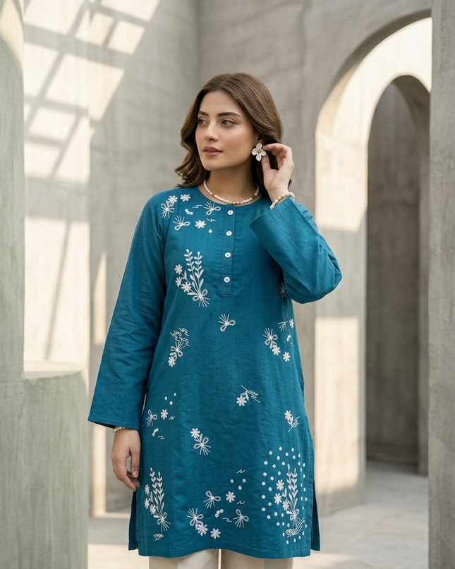 Minimalist Teal Embroidered Cotton Lawn Kurti - Top