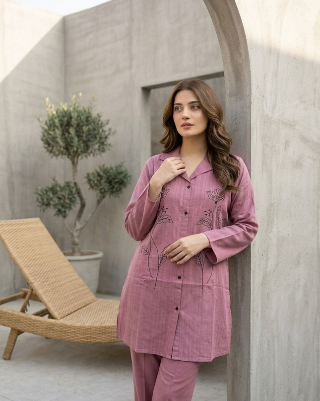 Mauve Collared Embroidered Cotton Lawn Top-Kurti