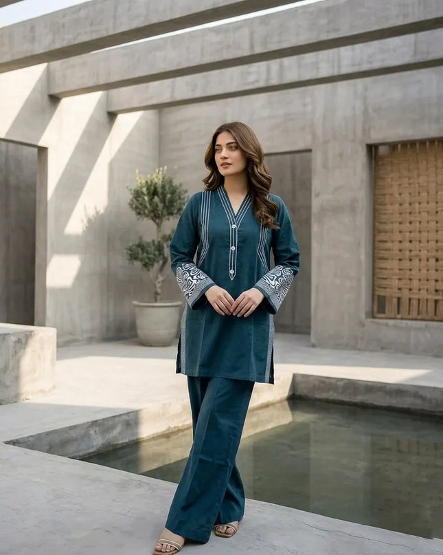 Deep Teal Horizon Embroidered 2-Piece Cotton Lawn Set