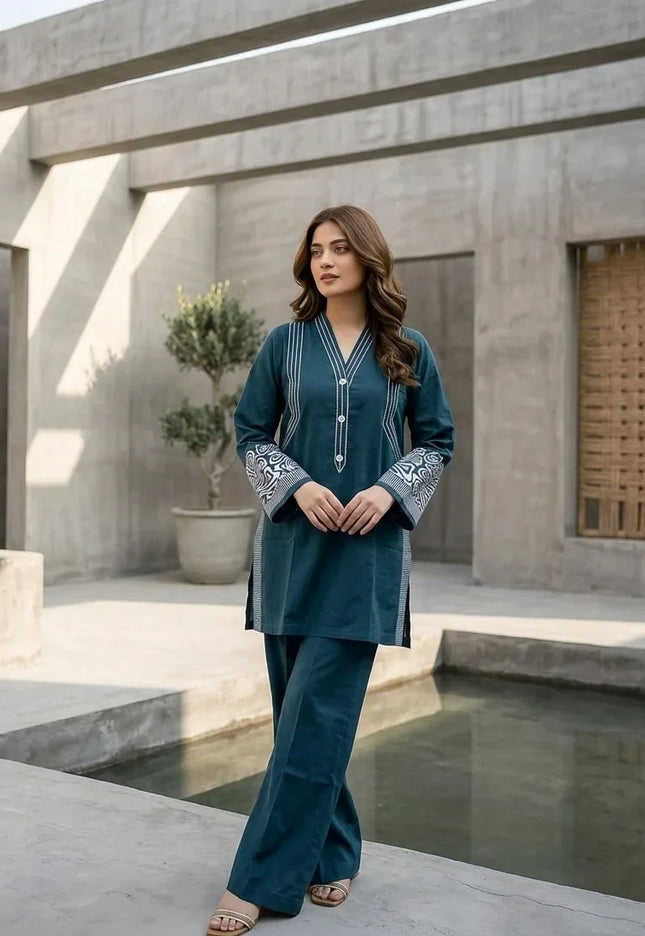 Deep Teal Horizon Embroidered 2-Piece Cotton Lawn Set