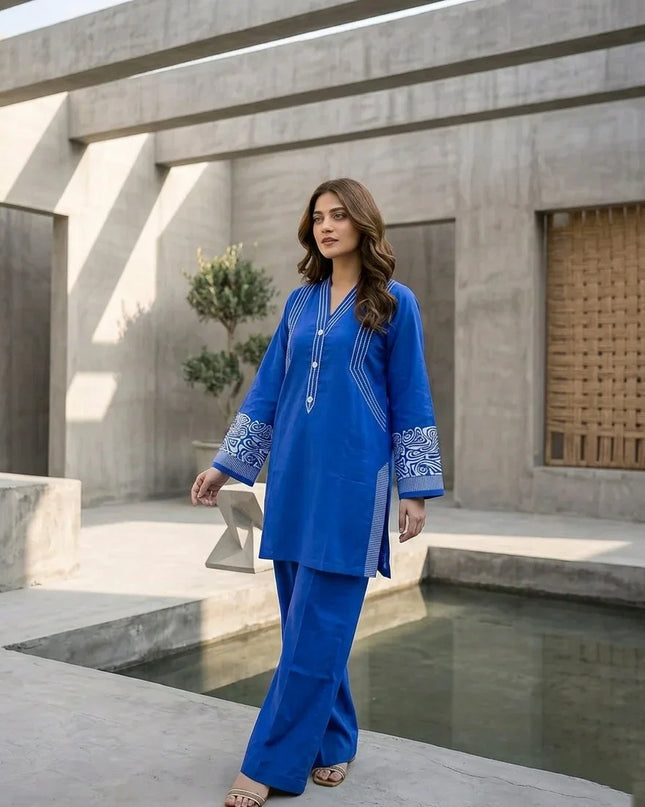 Cobalt Horizon Embroidered 2-Piece Cotton Lawn Set