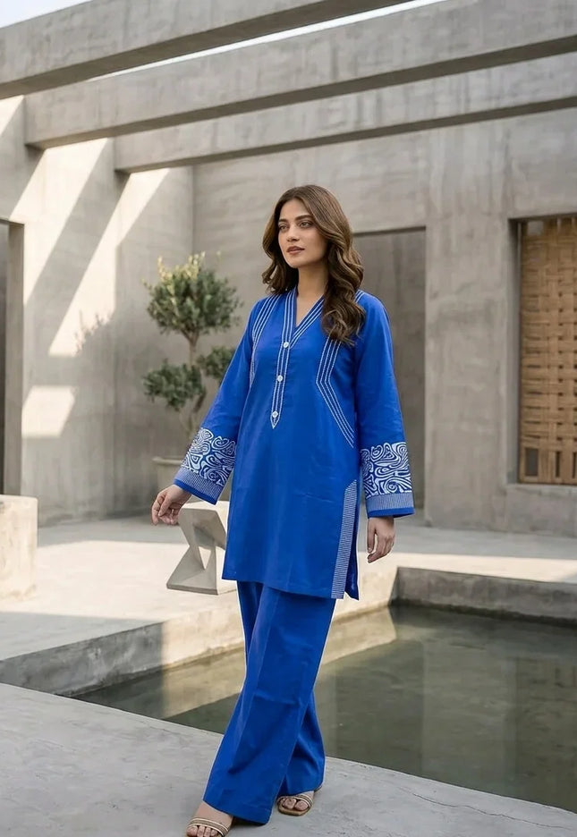 Cobalt Horizon Embroidered 2-Piece Cotton Lawn Set