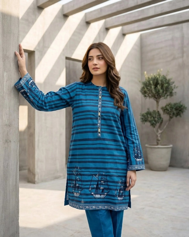 Ocean Voyage Embroidered 2-Piece Cotton Lawn Set