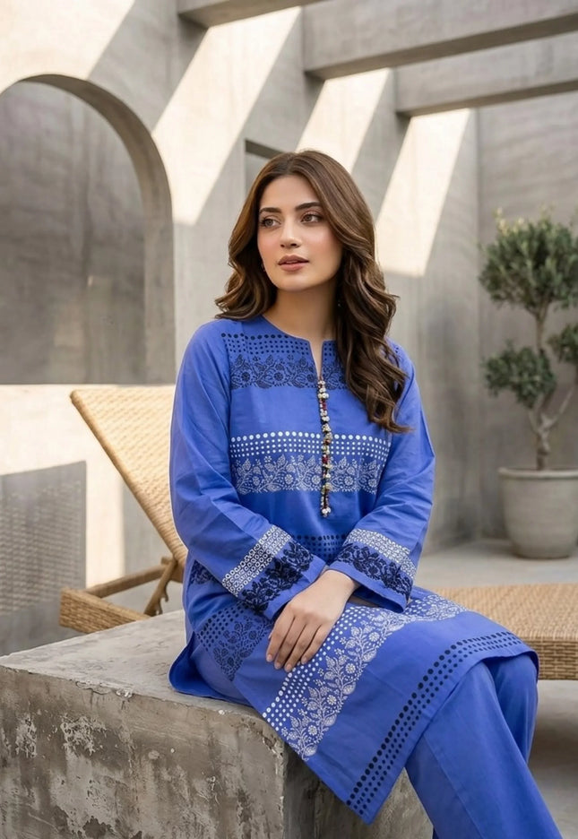 Royal Azure Embroidered Cotton Lawn Kurti