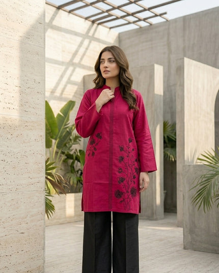 Magenta & Black Embroidered Short Kurti-Top