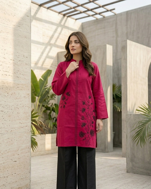 Magenta & Black Embroidered Short Kurti-Top