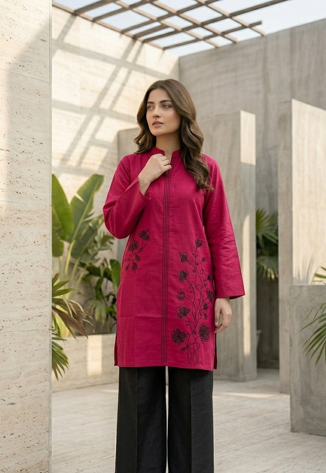 Magenta & Black Embroidered Short Kurti-Top