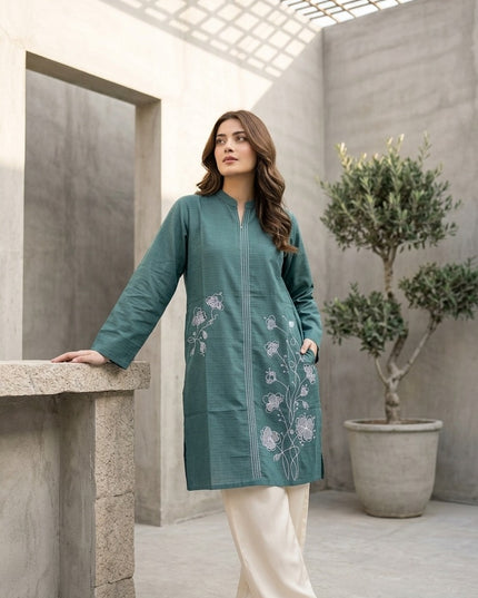 Sea Green Embroidered Short Kurti - Top