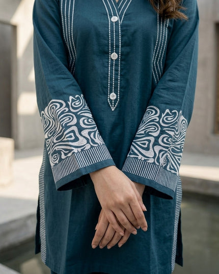 Deep Teal Horizon Embroidered 2-Piece Cotton Lawn Set