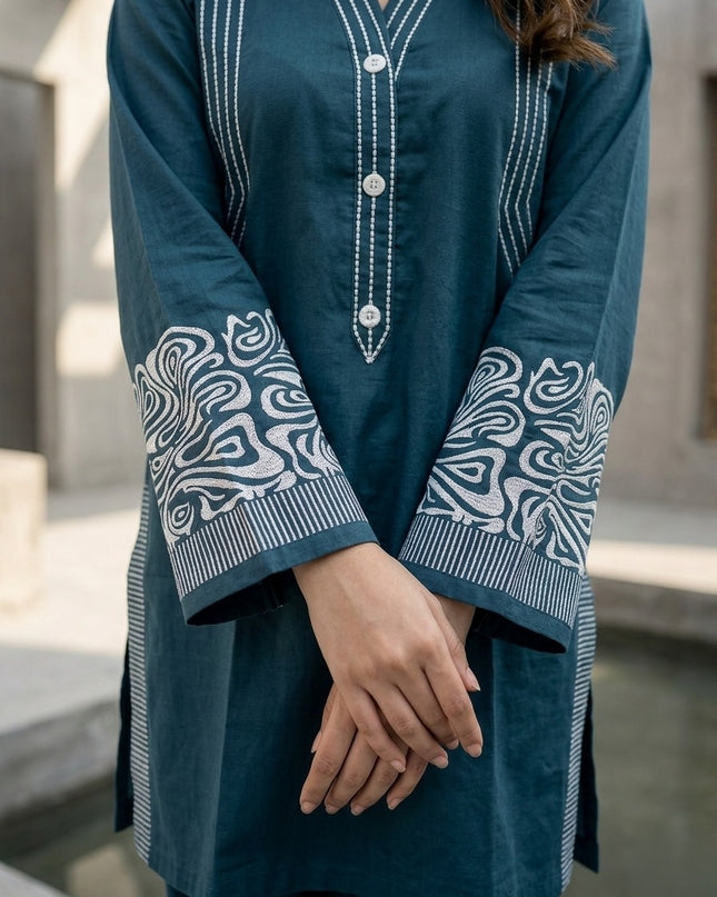 Deep Teal Horizon Embroidered 2-Piece Cotton Lawn Set