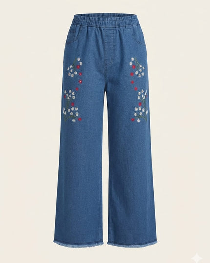 Floral Embroidered Wide-Leg Denim Jeans