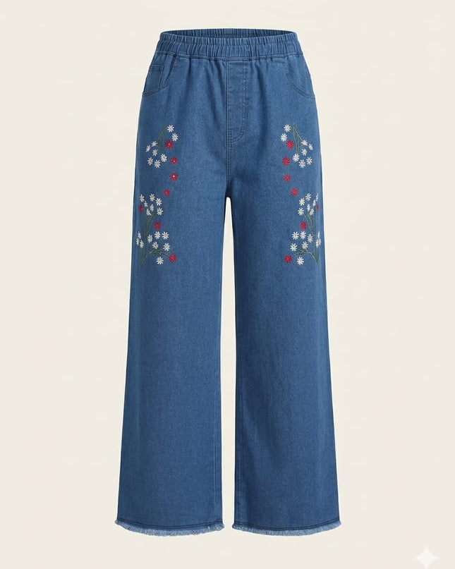 Floral Embroidered Wide-Leg Denim Jeans