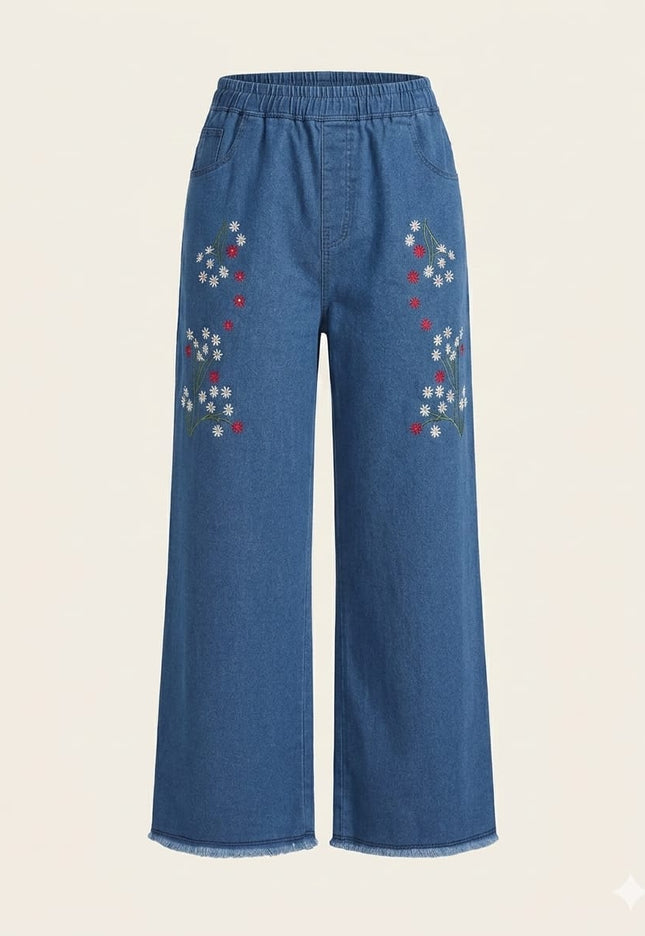 Floral Embroidered Wide-Leg Denim Jeans