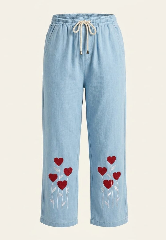 Heart Embroidered Light Wash Jeans