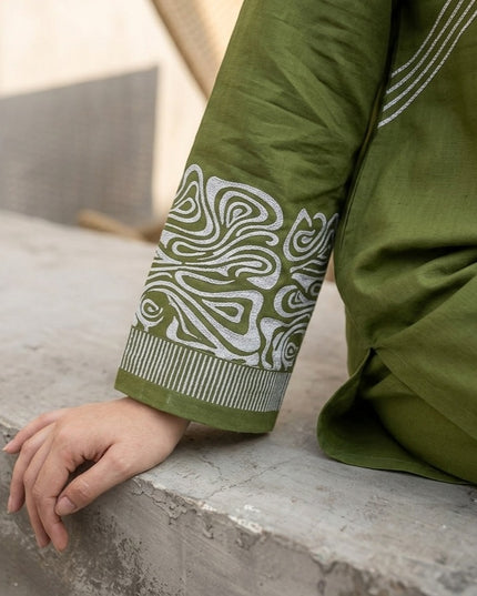 Aanghan olive Green Embroidered & printed  Co-ord Set Cotton Lawn
