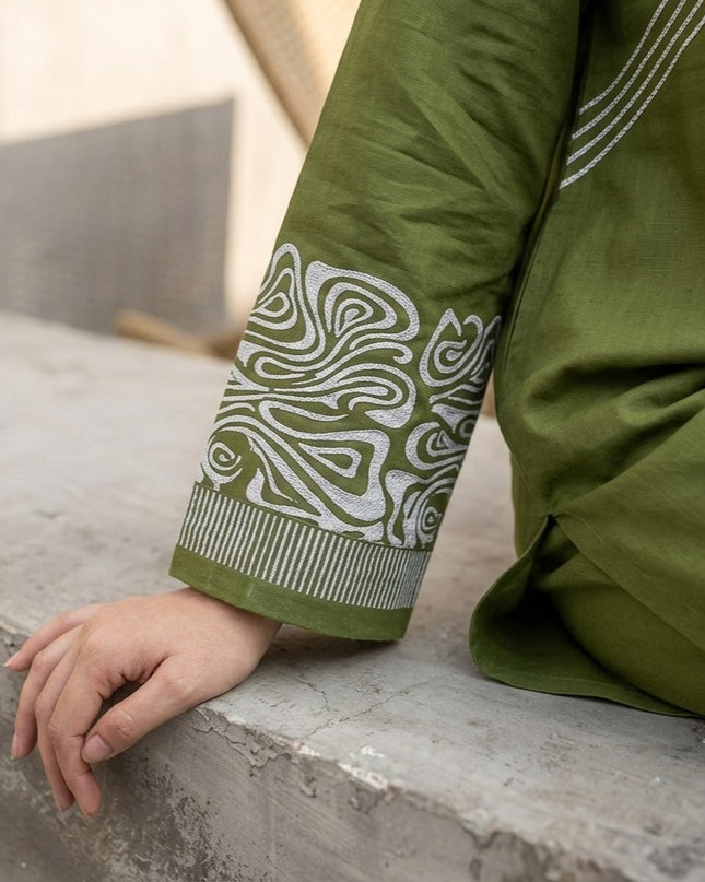 Aanghan olive Green Embroidered & printed  Co-ord Set Cotton Lawn