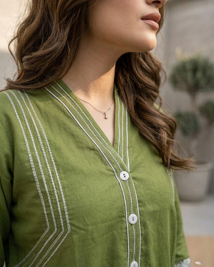 Aanghan olive Green Embroidered & printed  Co-ord Set Cotton Lawn