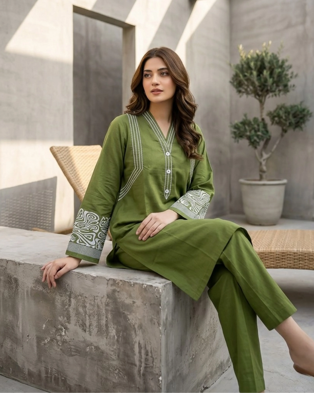 Aanghan olive Green Embroidered & printed  Co-ord Set Cotton Lawn