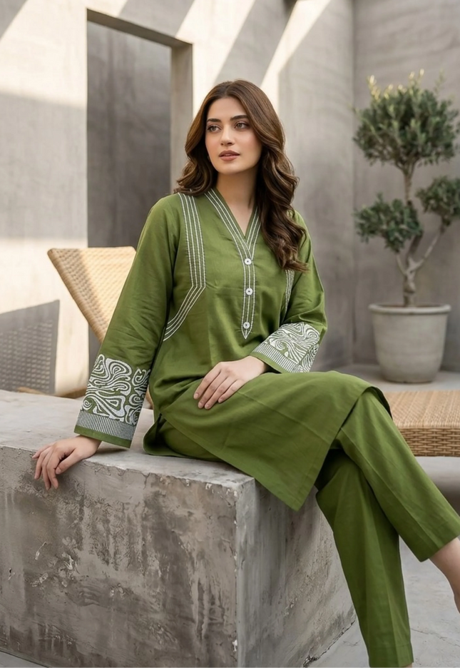 Aanghan olive Green Embroidered & printed  Co-ord Set Cotton Lawn